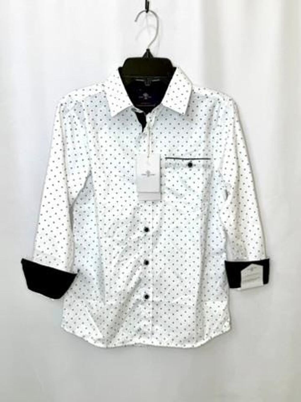 Craft Flow Boys Button Down Shirt Size 8 White Navy Anchor Pattern Long Sleeve